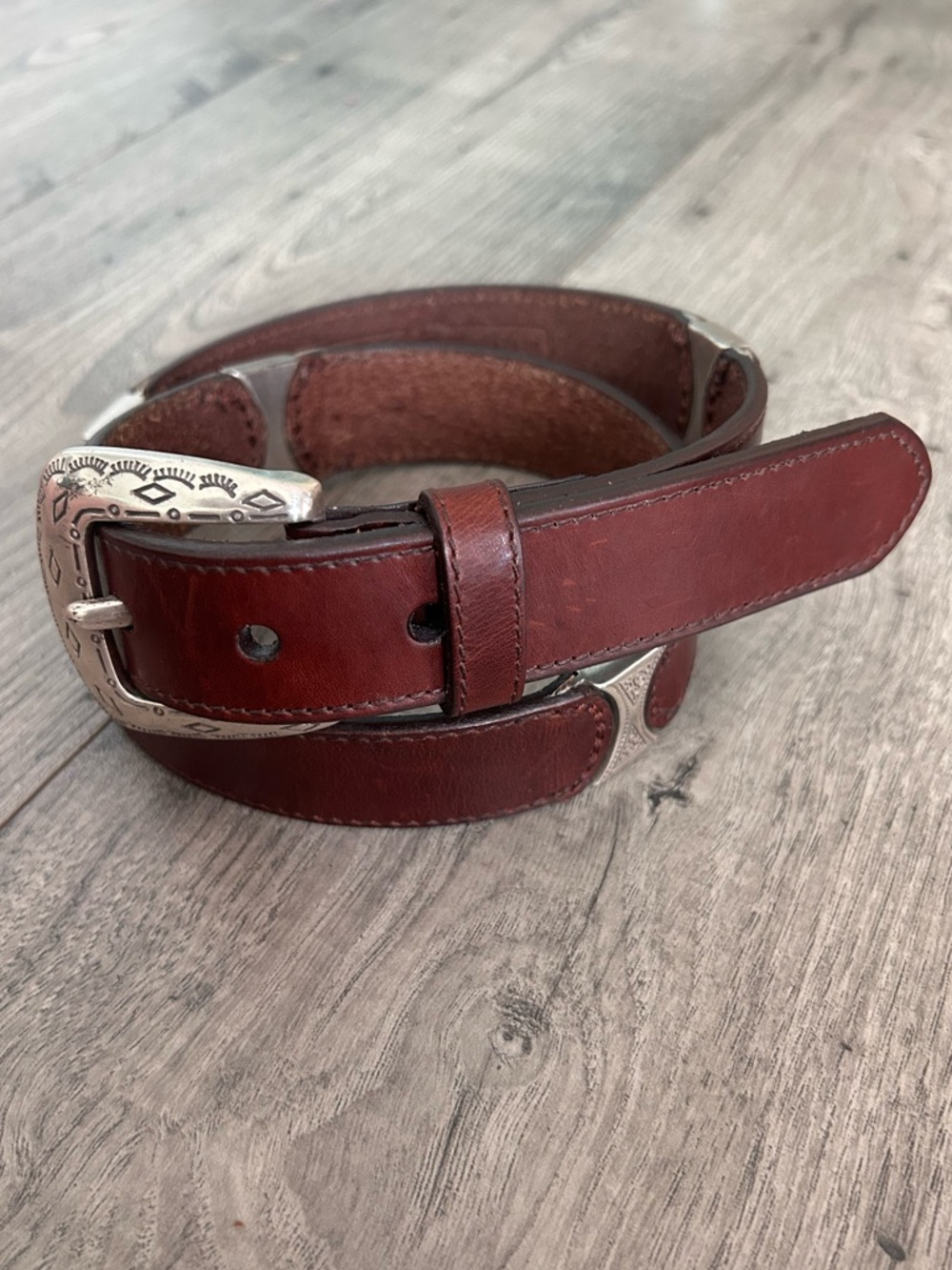 Fossil Brown Leather Belt Etched Silver Buckle & Accents